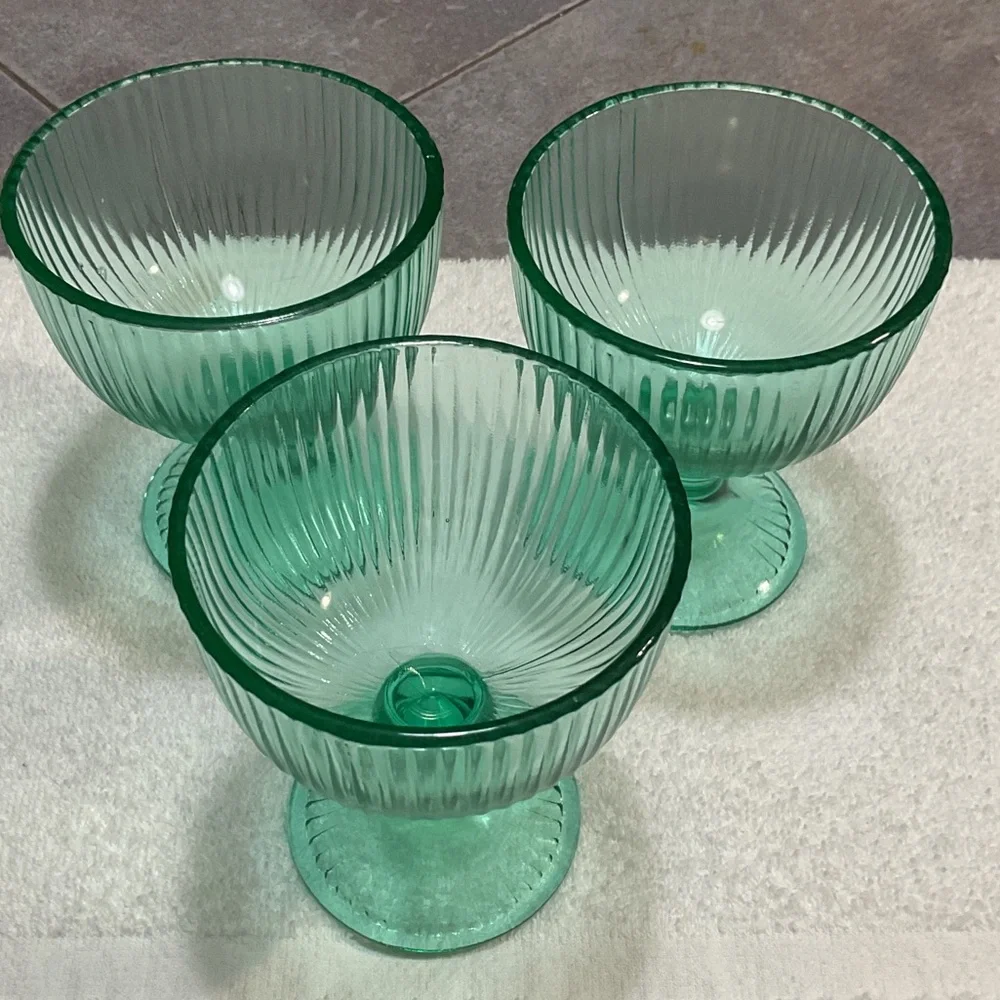 Trio of Ribbed Green Glass Goblets